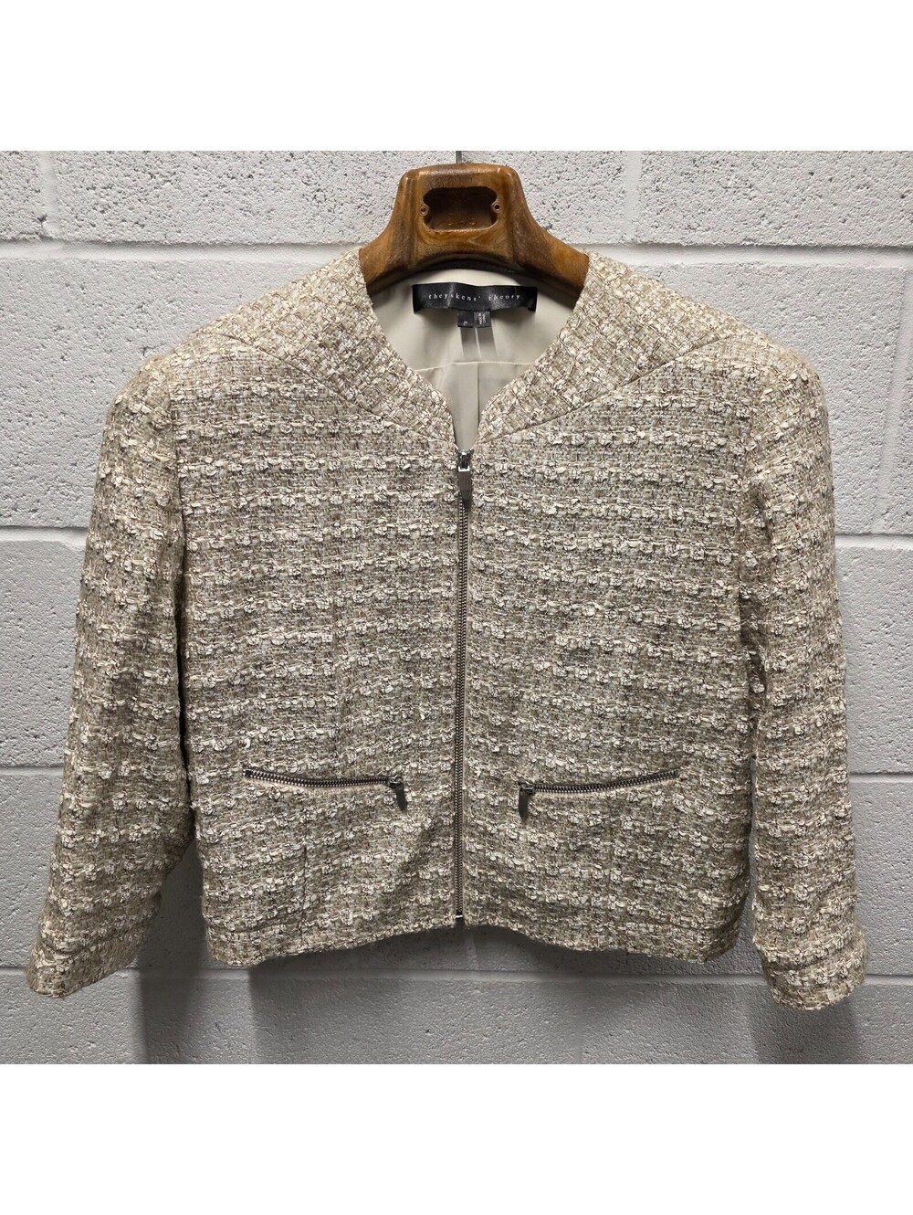Theyskens' Theory Jutie Tweed Knit Beige Zip up Jacket with  M 20.5x21  $2,495